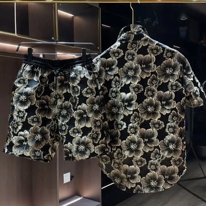 Ethnic Style Embossed Gold Flower Short Sleeve Shirt and Shorts Set