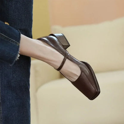 French Mary Jane's Shoes Women Pumps Spring Autumn Medium Heel Thick Square Toe Loafers Button Shallow Black Brown Women Heels