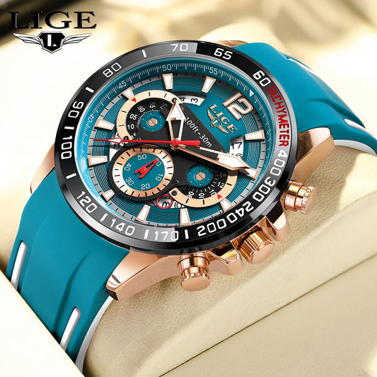 LIGE Men Wristwatch Fashion Luxury Waterproof Sport Stopwatch Quartz Watches Business Wrist Watch for Man Silicone Strap+Box