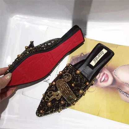 2025 Women Slippers Fashion String-bead Pointed Rhinestone Rivet Flat Women Shoes Slip-On Mules Loafer Sandals Slides