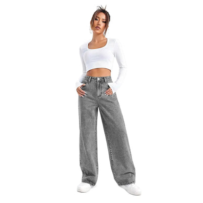 High Waist Loose Wide Leg Grey Washed Women's Jeans Comfortable Casual Street Style Denim Pants High Waist Loose Fit Jeans