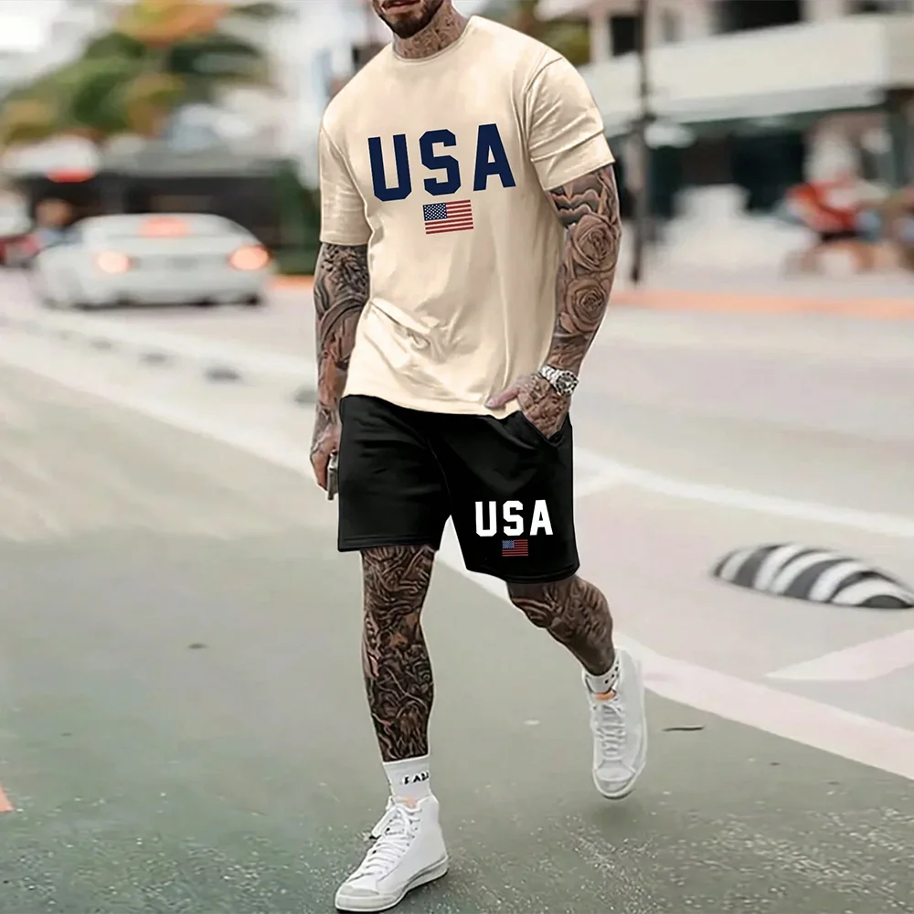North American Trendy Men S Casual Oversized Set With Printed Patterns Lightweight And Breathable Also Suitable For Sports