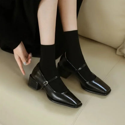 French Mary Jane's Shoes Women Pumps Spring Autumn Medium Heel Thick Square Toe Loafers Button Shallow Black Brown Women Heels