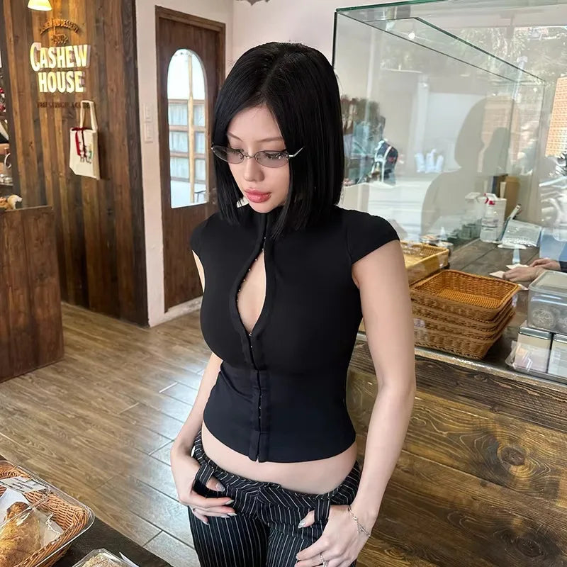 y2k Metal Crop Top Zipper Grey Short Sleeve Biker Moto Tee Korean Fashion Streetwear T Shirt Grunge Chic Outfits 90s