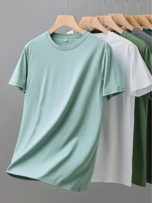 Loose round Neck  Color T-Shirt for Men Comfortable Breathable Summer Youth Fashion Basic Style Regular Sleeve Length