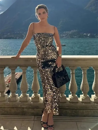 High quality sequin luxury suspender women girl dress, banquet annual party meeting dresses skirt Strap Sleeveless Skinny Shiny