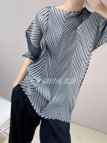 Miyake Pleated Fish Scale Printed Tops Women 2023 Summer