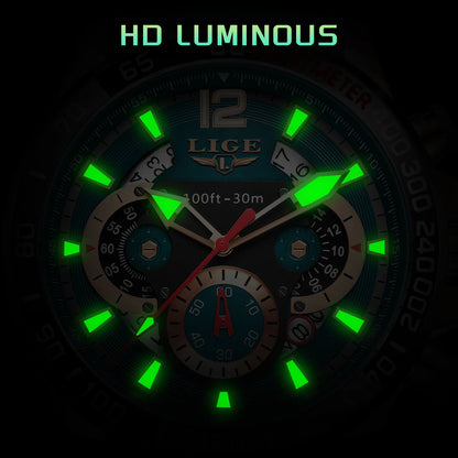 LIGE Men Wristwatch Fashion Luxury Waterproof Sport Stopwatch Quartz Watches Business Wrist Watch for Man Silicone Strap+Box