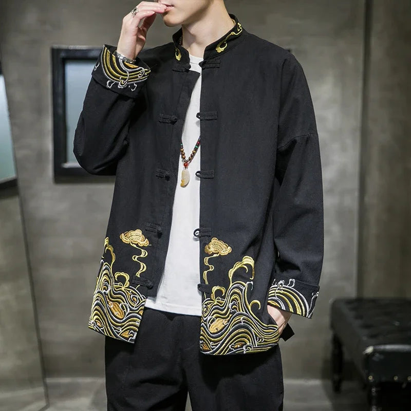 Men's Shirts Embroidered 2026 Spring Chinese Style Retro Stand Collar Jacket Cotton Linen Cardigan Men's Kungfu Loose Casual Top