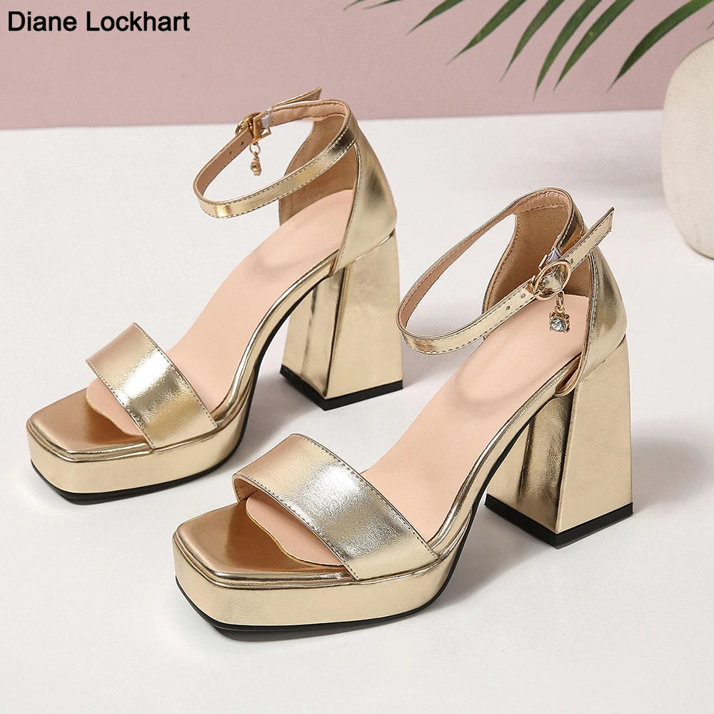 Luxury Women's Sandals Summer Shoes 2025 Ankle Straps Gold Silver High Heels Close Toe Party Shoes Female Designer Big Size 45