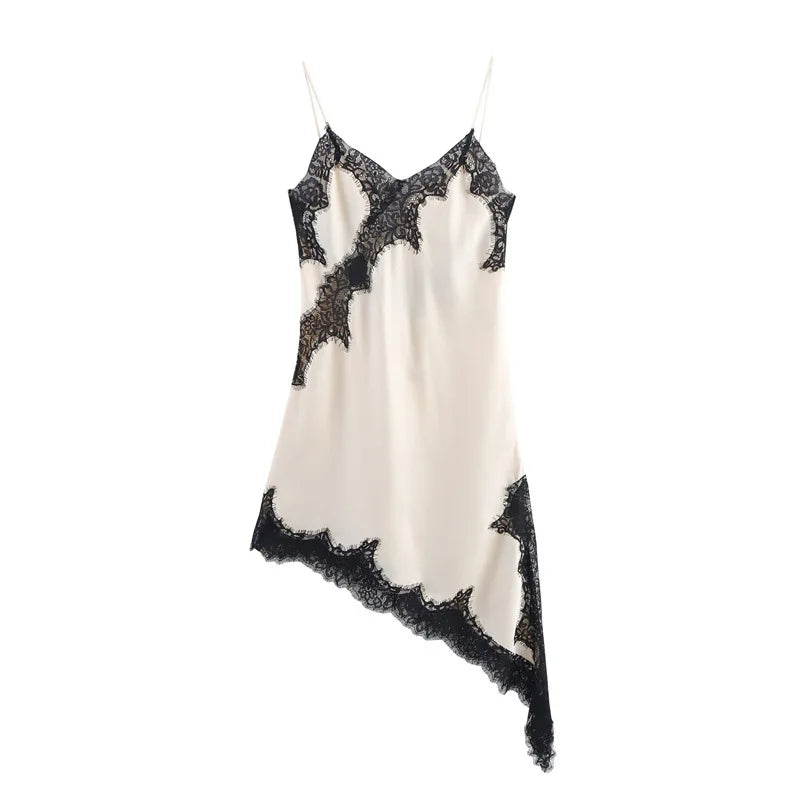 New Black White Patchwork Lace Satin Sexy Dress Chic Slip Irregular Hollow Out Backless Mini Dress Autumn Women Party Gown Dress
