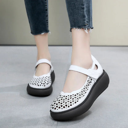 GKTINOO Genuine Leather Shoes Wedges Women Sandals 2026 New Spring Summer Hook & Loop Hollow Platform Sandals Large Size