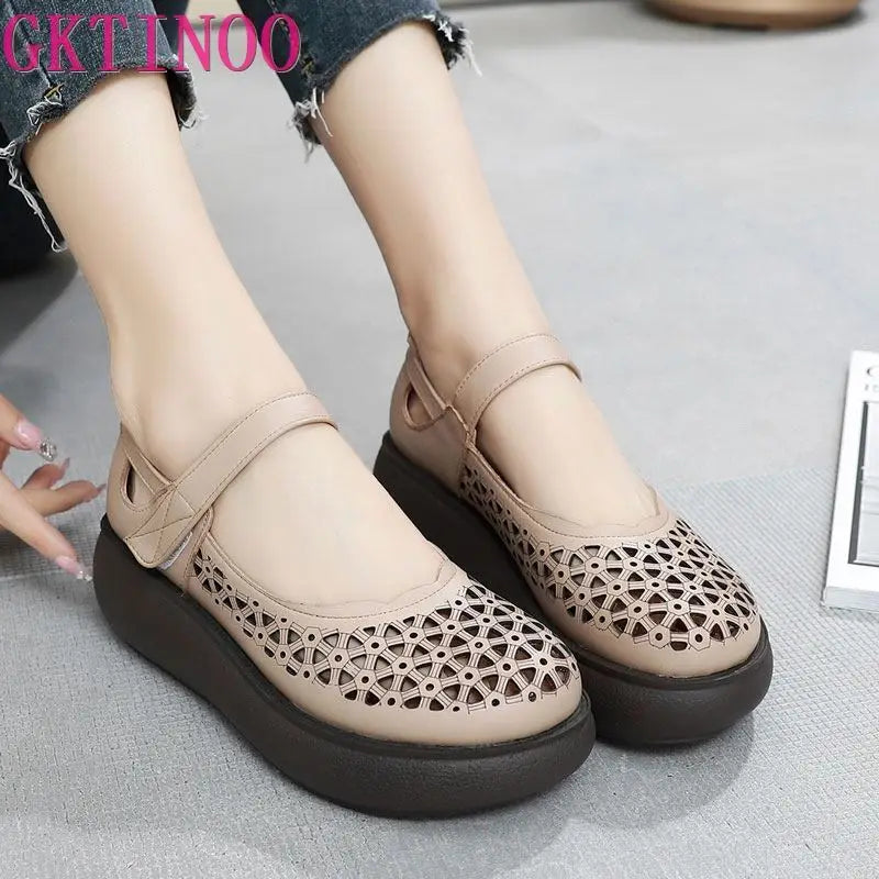 GKTINOO Genuine Leather Shoes Wedges Women Sandals 2026 New Spring Summer Hook & Loop Hollow Platform Sandals Large Size