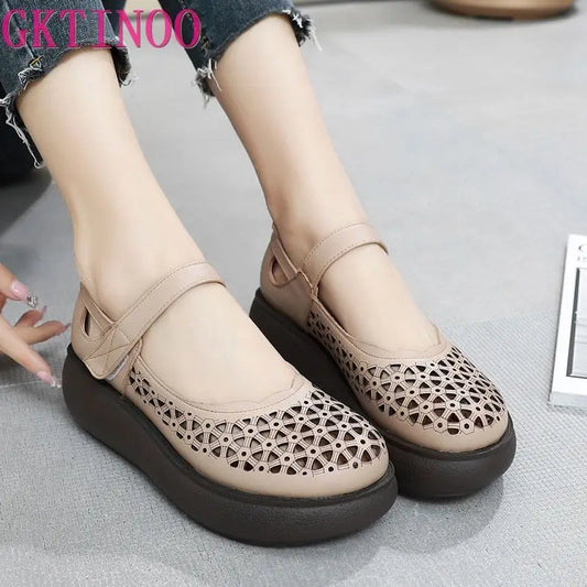 GKTINOO Genuine Leather Shoes Wedges Women Sandals 2026 New Spring Summer Hook & Loop Hollow Platform Sandals Large Size