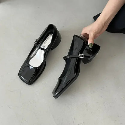 French Mary Jane's Shoes Women Pumps Spring Autumn Medium Heel Thick Square Toe Loafers Button Shallow Black Brown Women Heels
