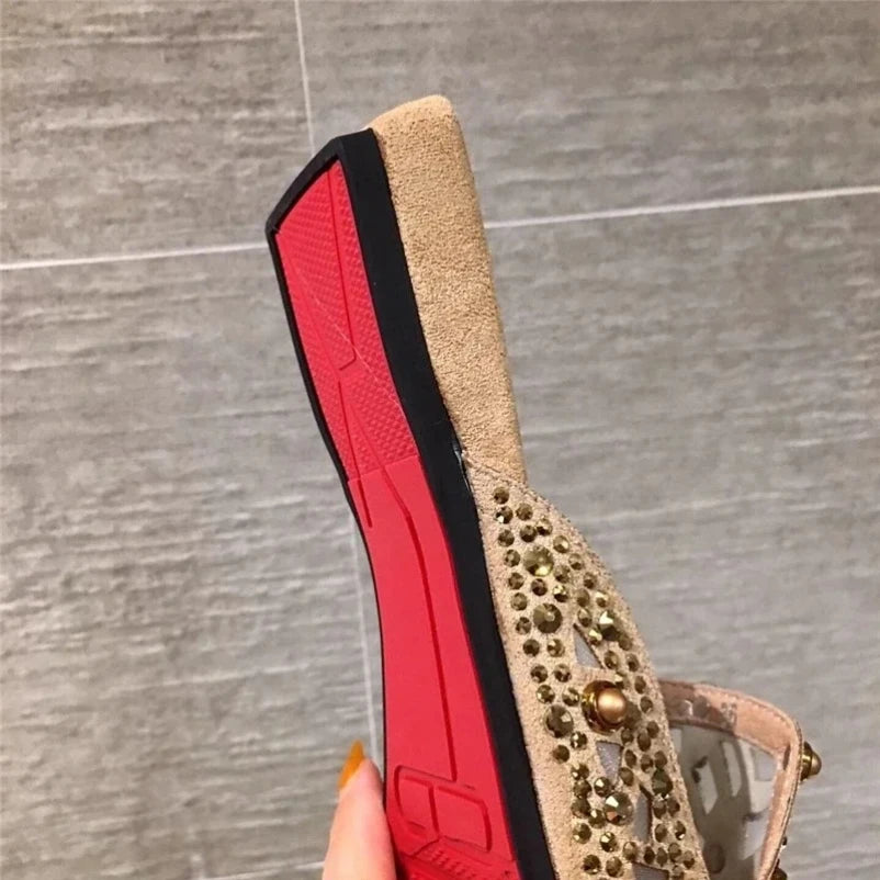 2025 Women Slippers Fashion String-bead Pointed Rhinestone Rivet Flat Women Shoes Slip-On Mules Loafer Sandals Slides