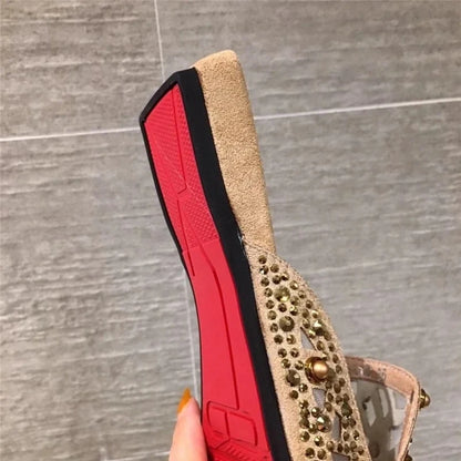 2025 Women Slippers Fashion String-bead Pointed Rhinestone Rivet Flat Women Shoes Slip-On Mules Loafer Sandals Slides