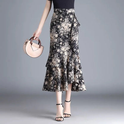 Floral Lotus Leaf Chiffon Skirt for Women in Spring and Summer New Irregular New Fishtail Mid-length Skirt