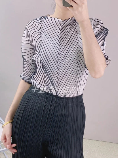 Miyake Pleated Fish Scale Printed Tops Women 2023 Summer