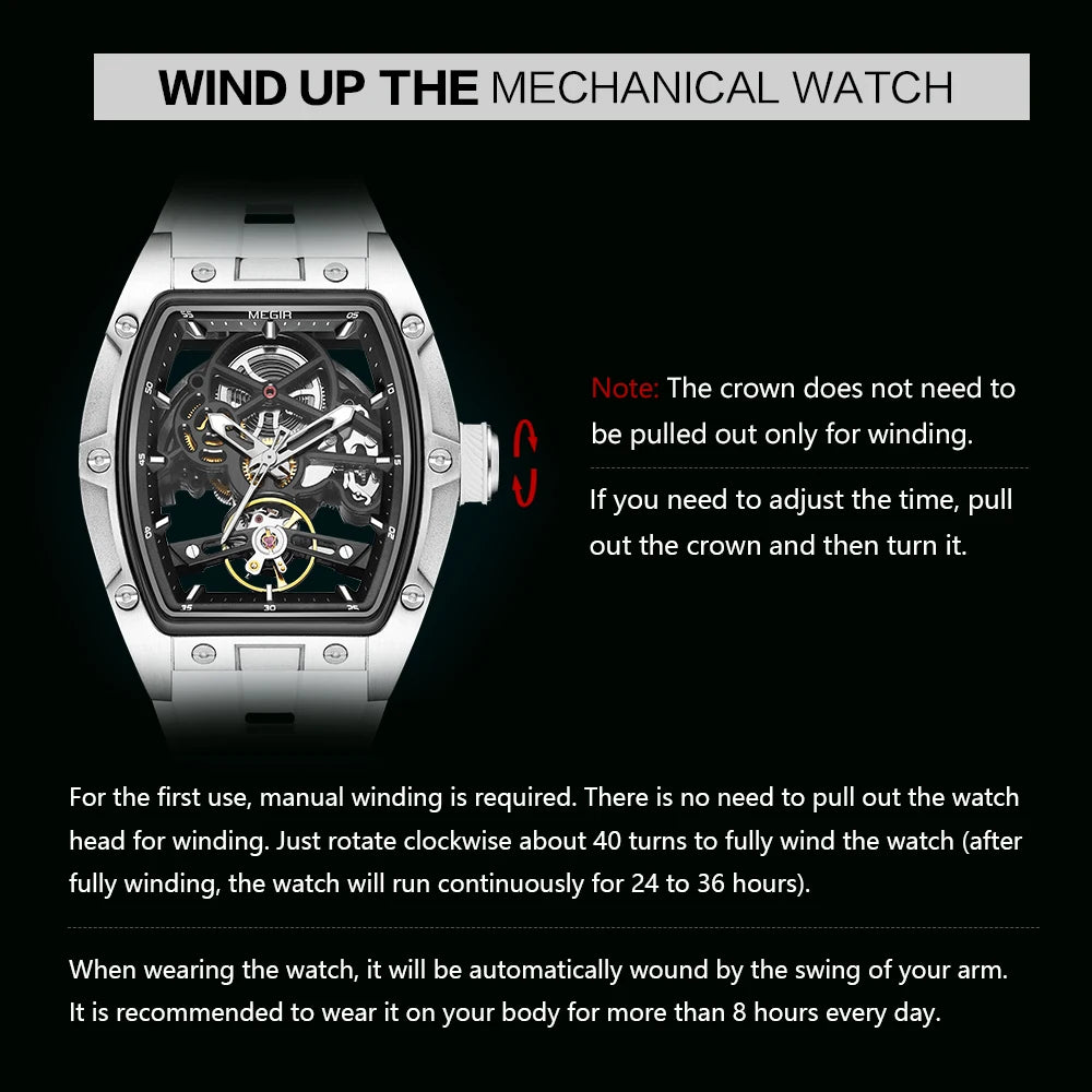 MEGIR Men's Automatic Mechanical Watch with Stainless Steel Case Silicone Band Skeleton Dial Waterproof Sport Wristwatch