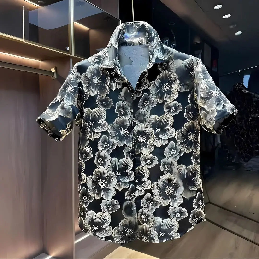 Ethnic Style Embossed Gold Flower Short Sleeve Shirt and Shorts Set