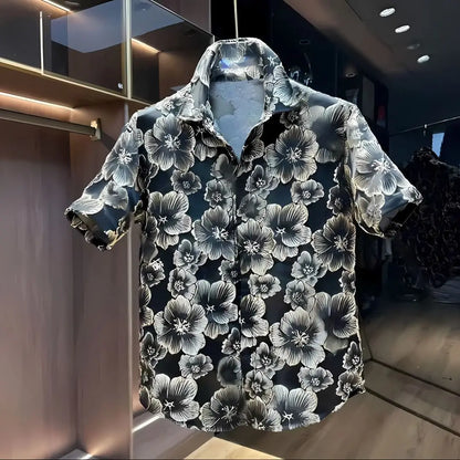 Ethnic Style Embossed Gold Flower Short Sleeve Shirt and Shorts Set