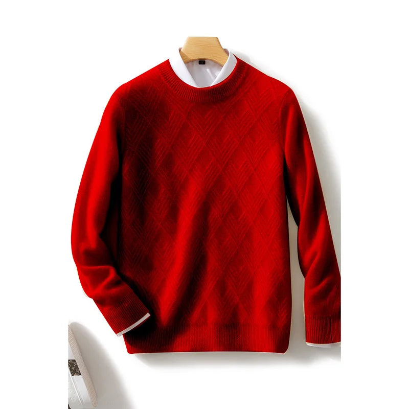 Men's 100% Wool Sweater Autumn Winter Thick O-neck Pullover Long Sleeve Rhombus Knitted Jumper Smart Casual Cashmere Knitwear