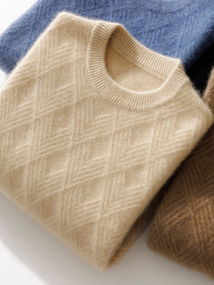Men's 100% Wool Sweater Autumn Winter Thick O-neck Pullover Long Sleeve Rhombus Knitted Jumper Smart Casual Cashmere Knitwear