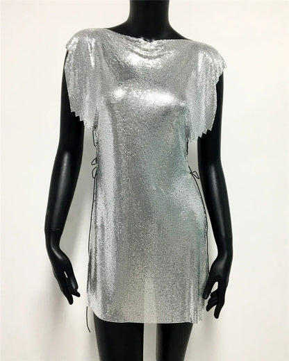 Glitter Metal Sequins Mini Dress Women Sexy Round Neck Sleeveless Side Split Bandage Dress Rave Festival Nightclub Evening Dress