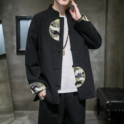 Men's Shirts Embroidered 2026 Spring Chinese Style Retro Stand Collar Jacket Cotton Linen Cardigan Men's Kungfu Loose Casual Top
