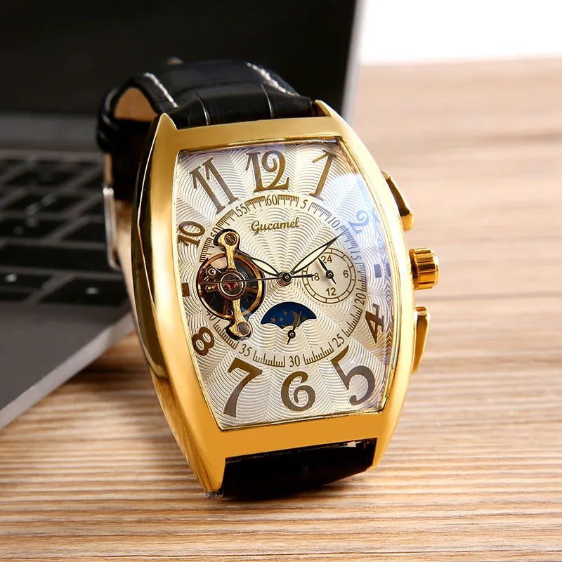 Men’s* Automatic Mechanical Watch Barrel Shape Tourbillon Design Luxury Business Wristwatch