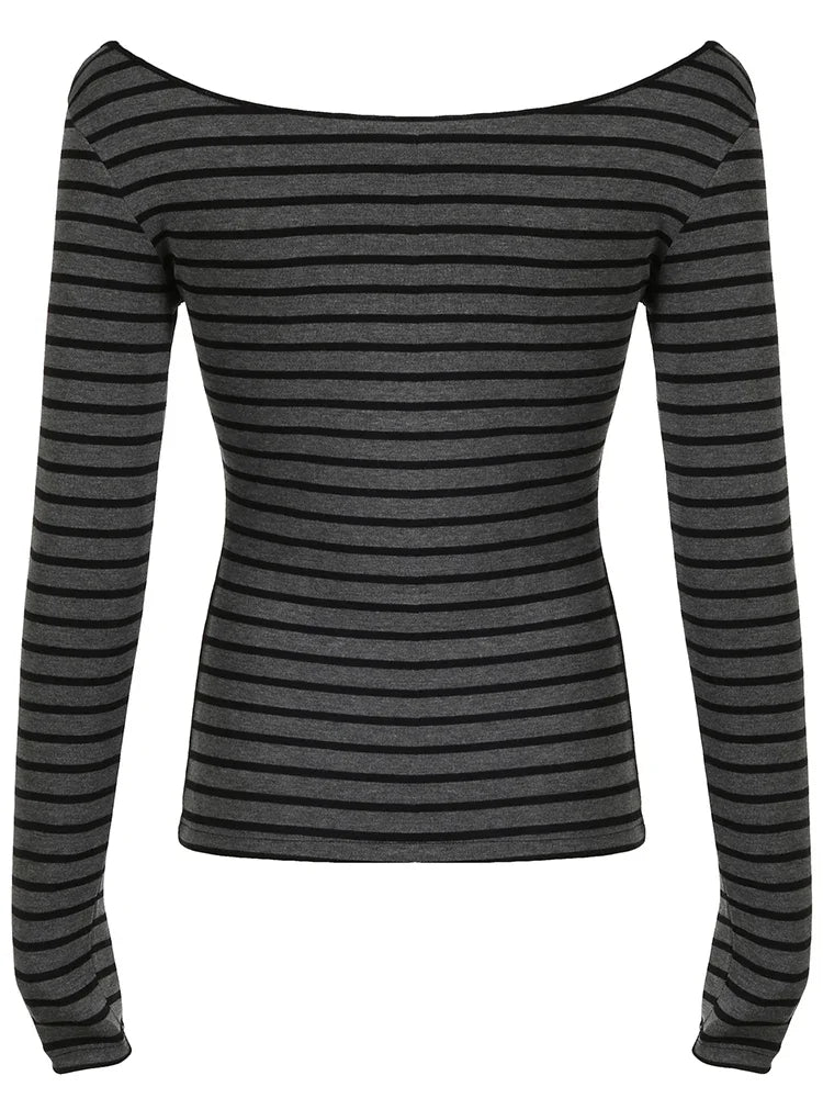 Mooyufon Japanese Basic Slim Long Sleeve Stripe Tee Off Shoulder O Neck Korean Street Style Spring Autumn Y2K Gray T Shirt Women