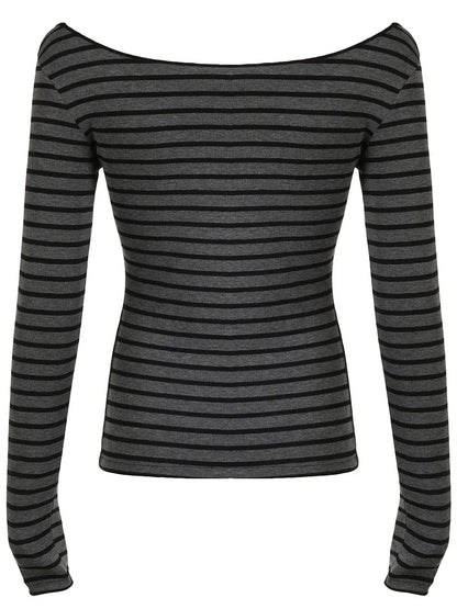 Mooyufon Japanese Basic Slim Long Sleeve Stripe Tee Off Shoulder O Neck Korean Street Style Spring Autumn Y2K Gray T Shirt Women