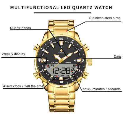 WWOOR New Top Luxury Original Sports Wrist Watch For Men Quartz Steel Waterproof Dual Display Military Watches Relogio Masculino