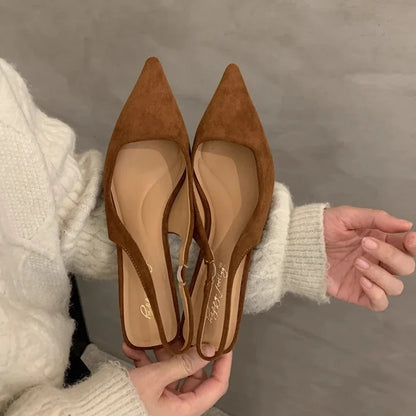 2024 Spring New Women Sandal Fashion Pointed Toe Shallow Slip On Dress Mules Shoes Thin Low Heel Slingback Sandal