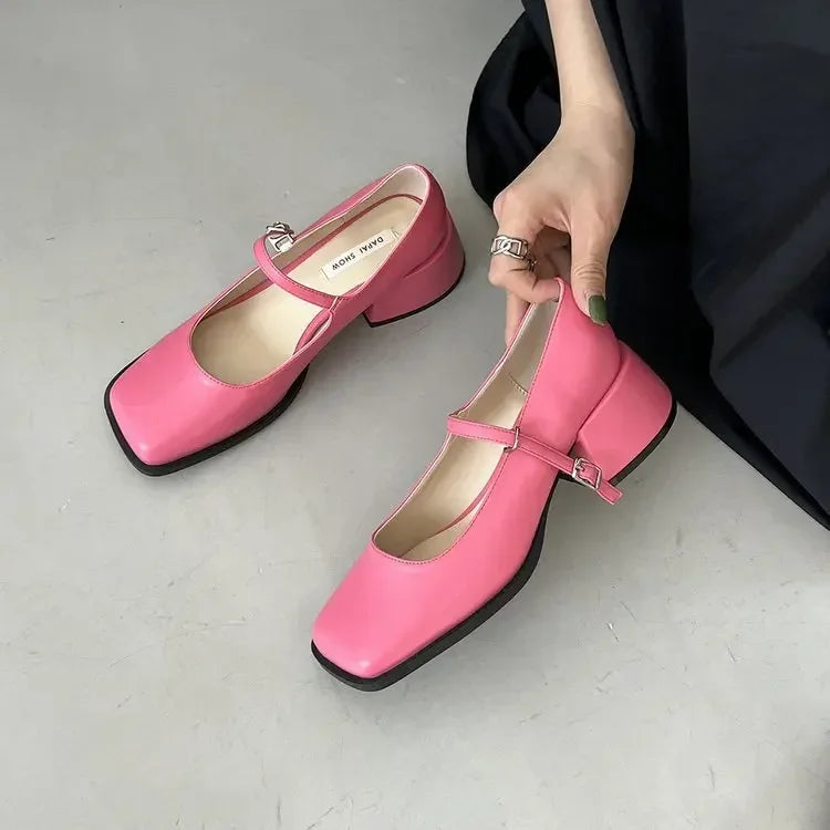 French Mary Jane's Shoes Women Pumps Spring Autumn Medium Heel Thick Square Toe Loafers Button Shallow Black Brown Women Heels