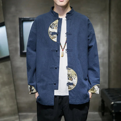 Men's Shirts Embroidered 2026 Spring Chinese Style Retro Stand Collar Jacket Cotton Linen Cardigan Men's Kungfu Loose Casual Top