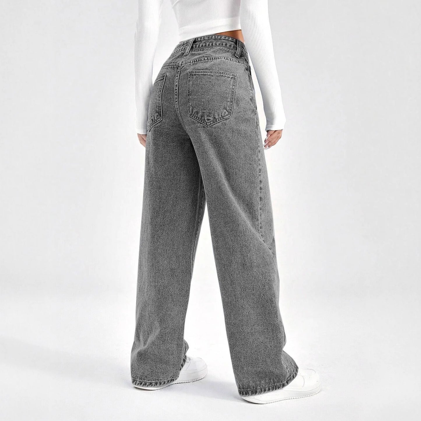 High Waist Loose Wide Leg Grey Washed Women's Jeans Comfortable Casual Street Style Denim Pants High Waist Loose Fit Jeans