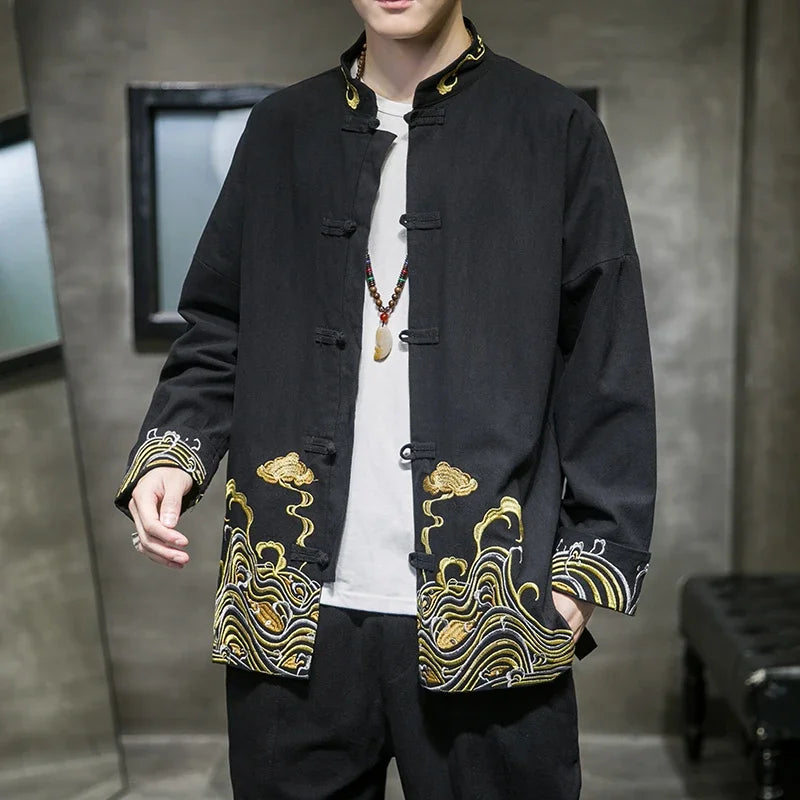 Men's Shirts Embroidered 2026 Spring Chinese Style Retro Stand Collar Jacket Cotton Linen Cardigan Men's Kungfu Loose Casual Top