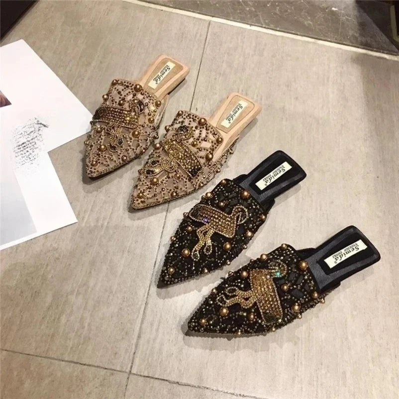 2025 Women Slippers Fashion String-bead Pointed Rhinestone Rivet Flat Women Shoes Slip-On Mules Loafer Sandals Slides