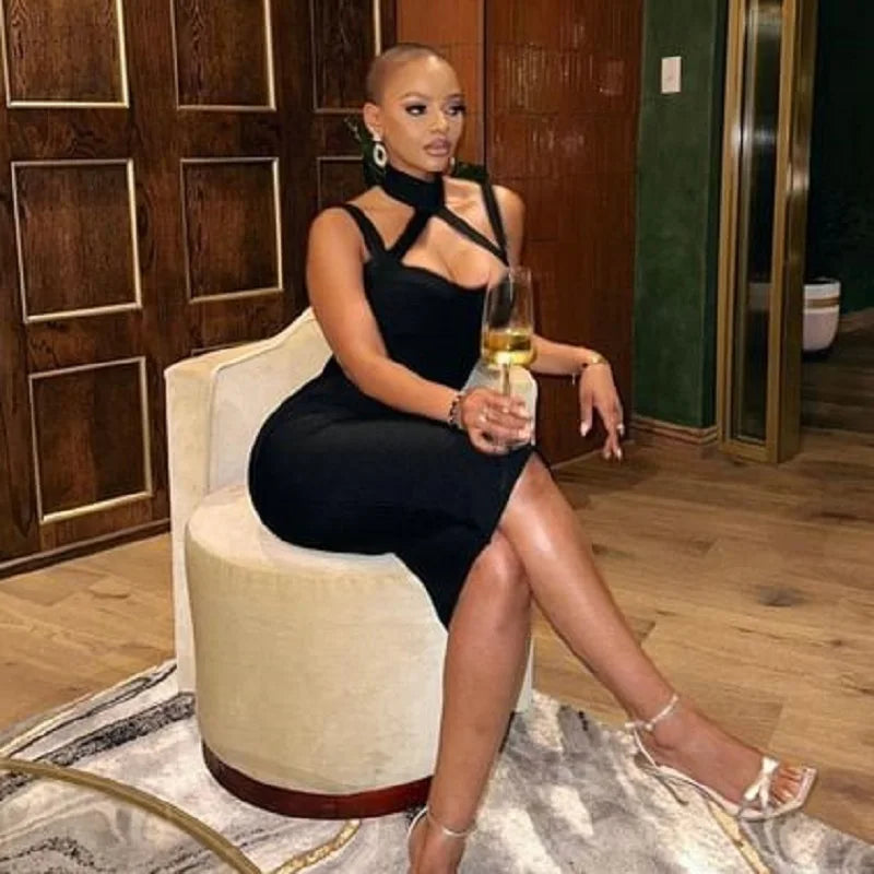 HQBORY Sexy Black Halter Bustier Bandage Dress Hollow Out Cross Bodycon Dress Cut Hole Party Club 2023 For Women XL Vestidos