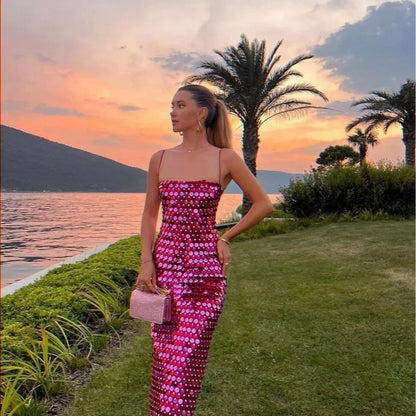High quality sequin luxury suspender women girl dress, banquet annual party meeting dresses skirt Strap Sleeveless Skinny Shiny