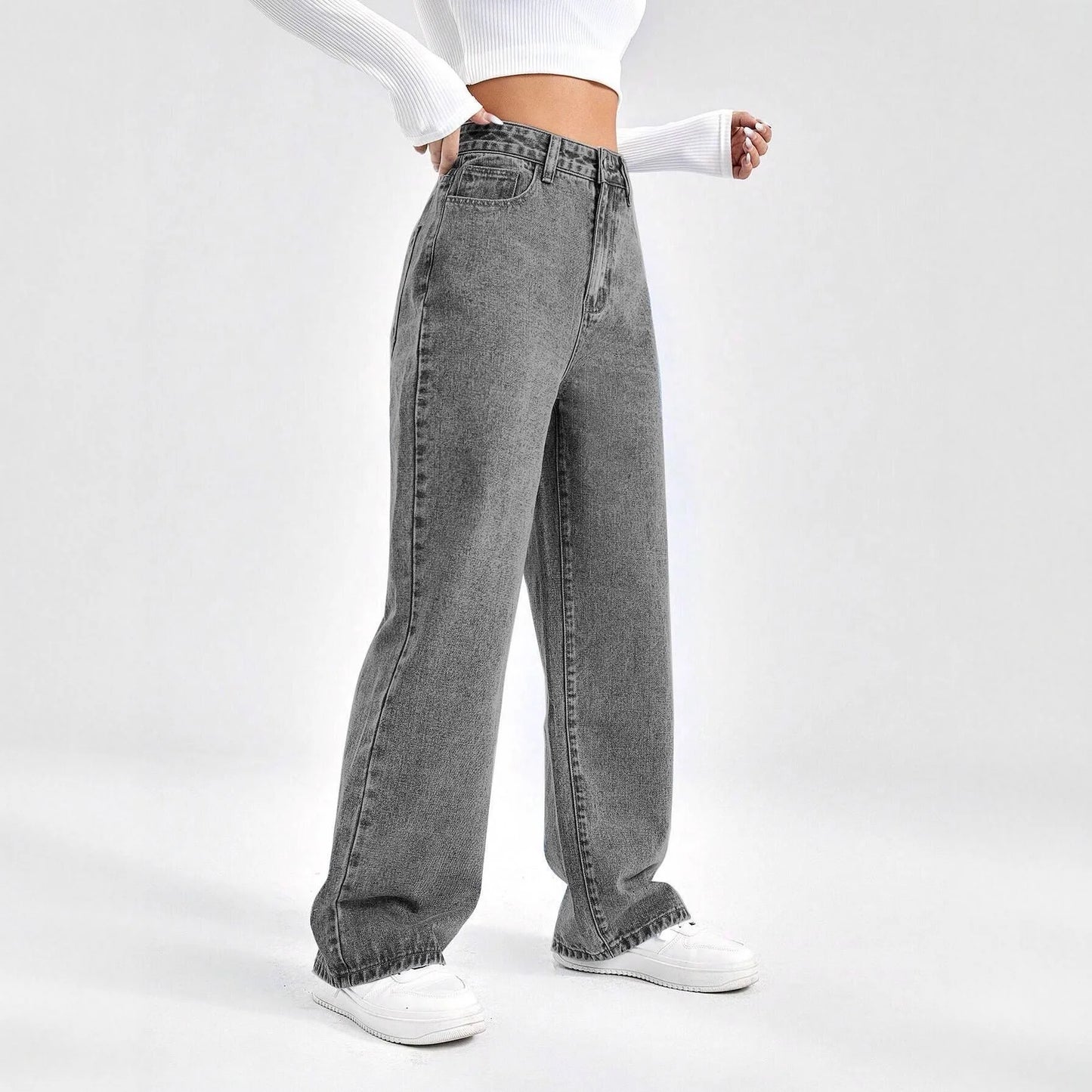 High Waist Loose Wide Leg Grey Washed Women's Jeans Comfortable Casual Street Style Denim Pants High Waist Loose Fit Jeans