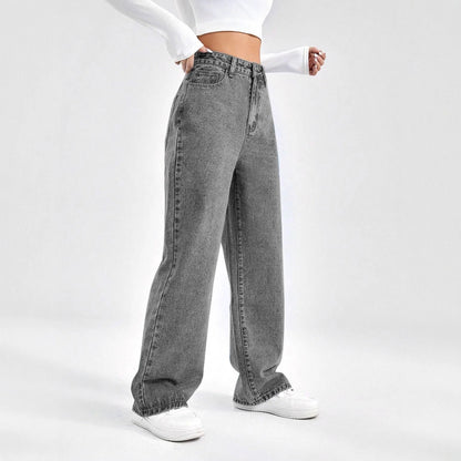 High Waist Loose Wide Leg Grey Washed Women's Jeans Comfortable Casual Street Style Denim Pants High Waist Loose Fit Jeans