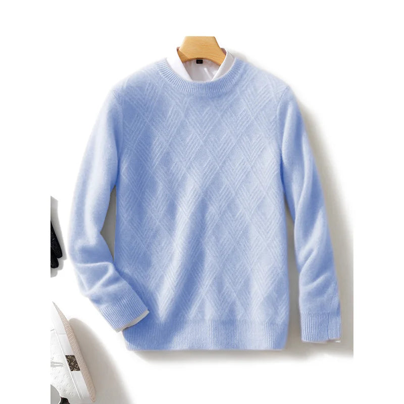 Men's 100% Wool Sweater Autumn Winter Thick O-neck Pullover Long Sleeve Rhombus Knitted Jumper Smart Casual Cashmere Knitwear