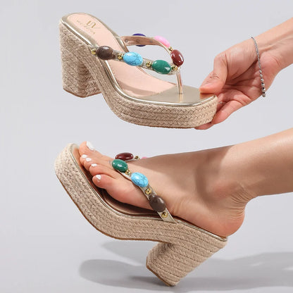 Women Slippers Summer Outwear Hemp Rope Wedge Sandals Colored Beaded Flip Flops Women Summer Leisure Vacation High Heels