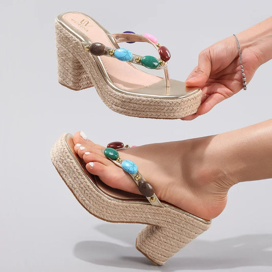 Women Slippers Summer Outwear Hemp Rope Wedge Sandals Colored Beaded Flip Flops Women Summer Leisure Vacation High Heels