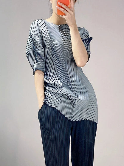Miyake Pleated Fish Scale Printed Tops Women 2023 Summer