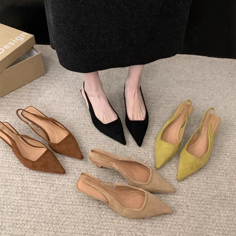 2024 Spring New Women Sandal Fashion Pointed Toe Shallow Slip On Dress Mules Shoes Thin Low Heel Slingback Sandal