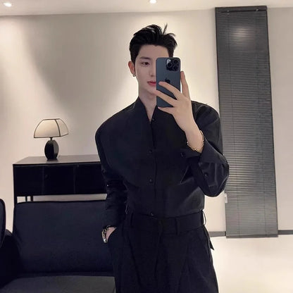 French Stand Collar White Long Sleeve Men, High-End Chic Style, Suitable For Blazer Layering, Slim Fit Collarless Shirt